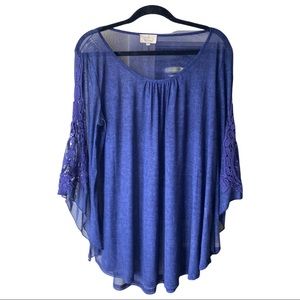 Ember blue sheer blouse with lace sleeves